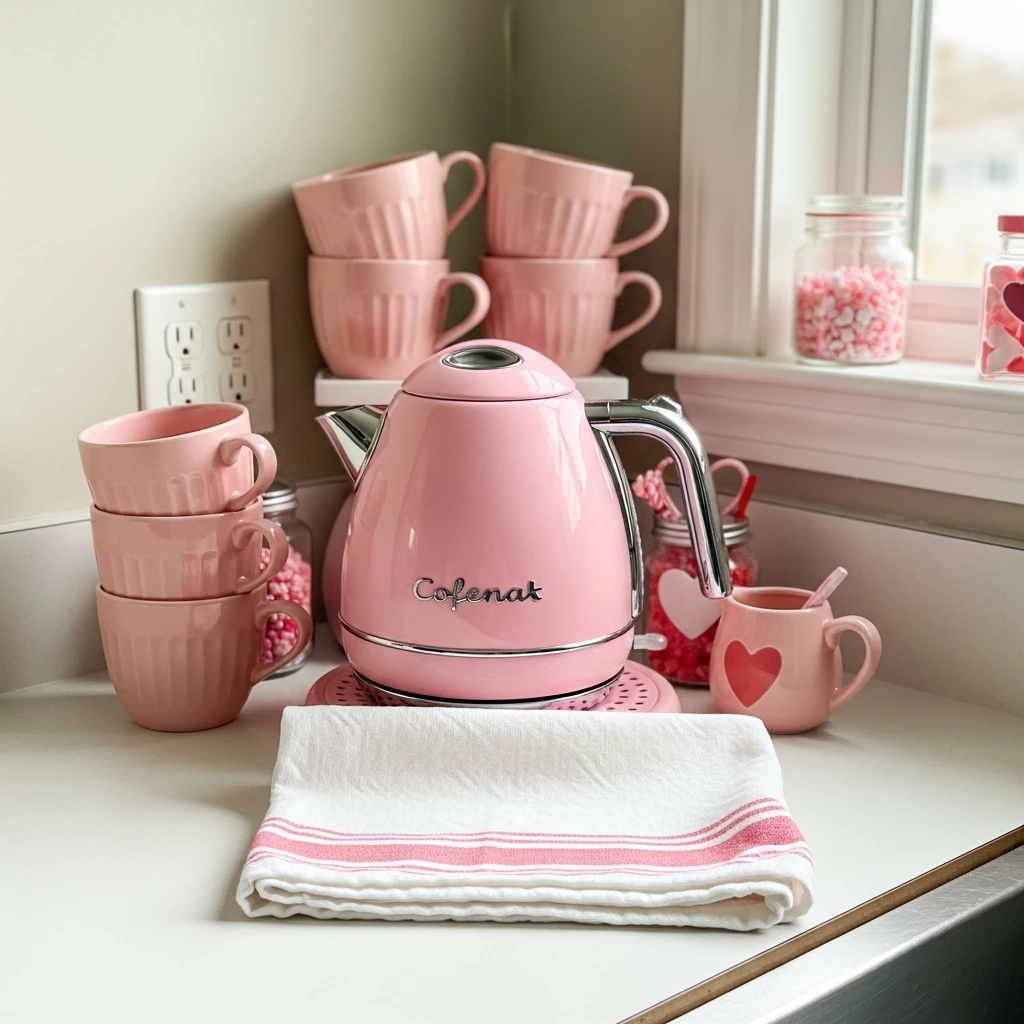 Pink Electric Kettle Corner - 50 Simple, Budget-Friendly Valentine Coffee Bar Ideas for a Cozy Home