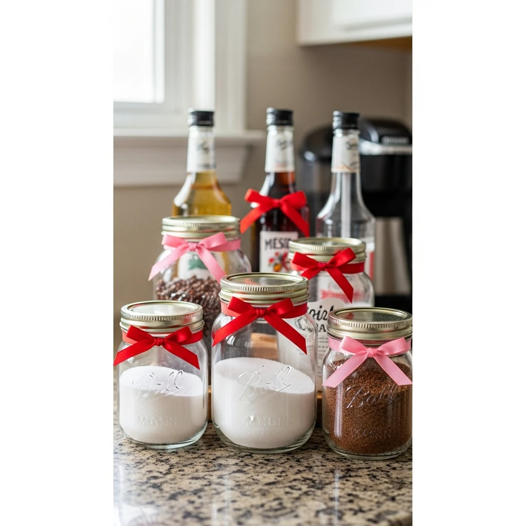 Red Ribbon Jar Ties - 50 Simple, Budget-Friendly Valentine Coffee Bar Ideas for a Cozy Home