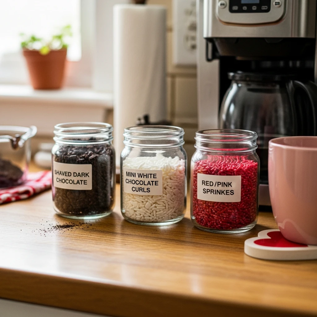 Chocolate Topping Jars - 50 Simple, Budget-Friendly Valentine Coffee Bar Ideas for a Cozy Home