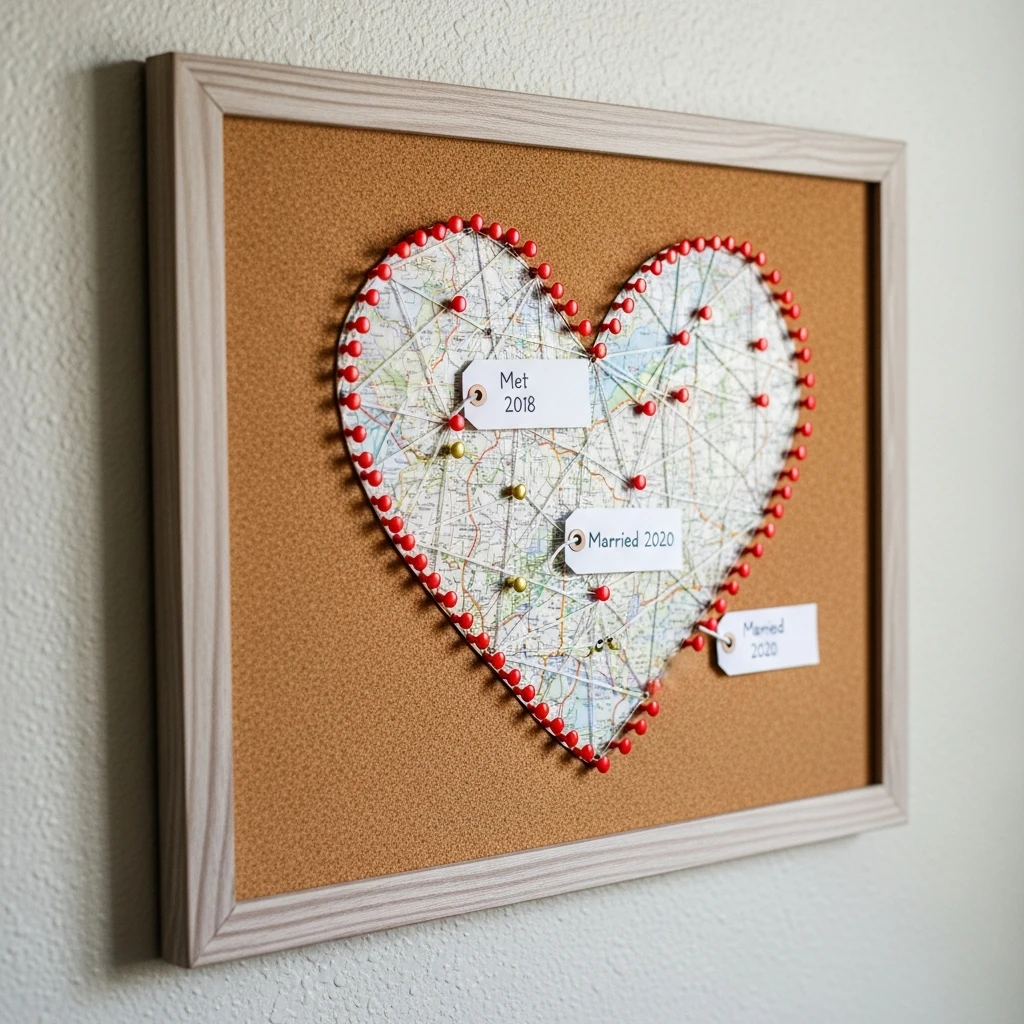 Cork Board Heart Map - 50 Beautiful Valentine Crafts for Adults: Budget DIY Ideas