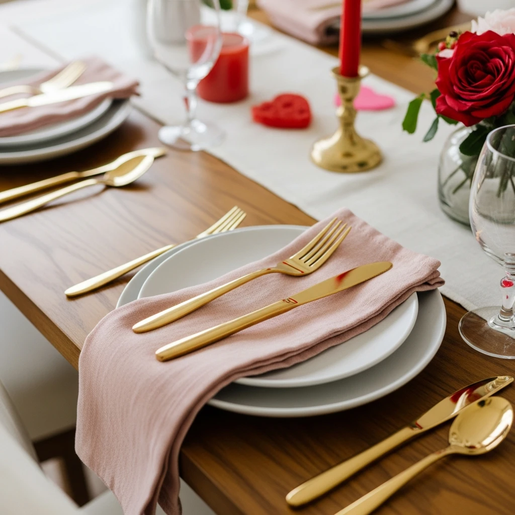 Gold and Blush Tableware - 50 Budget-Friendly & Beautiful Valentines Day Decorations for a Cozy Home