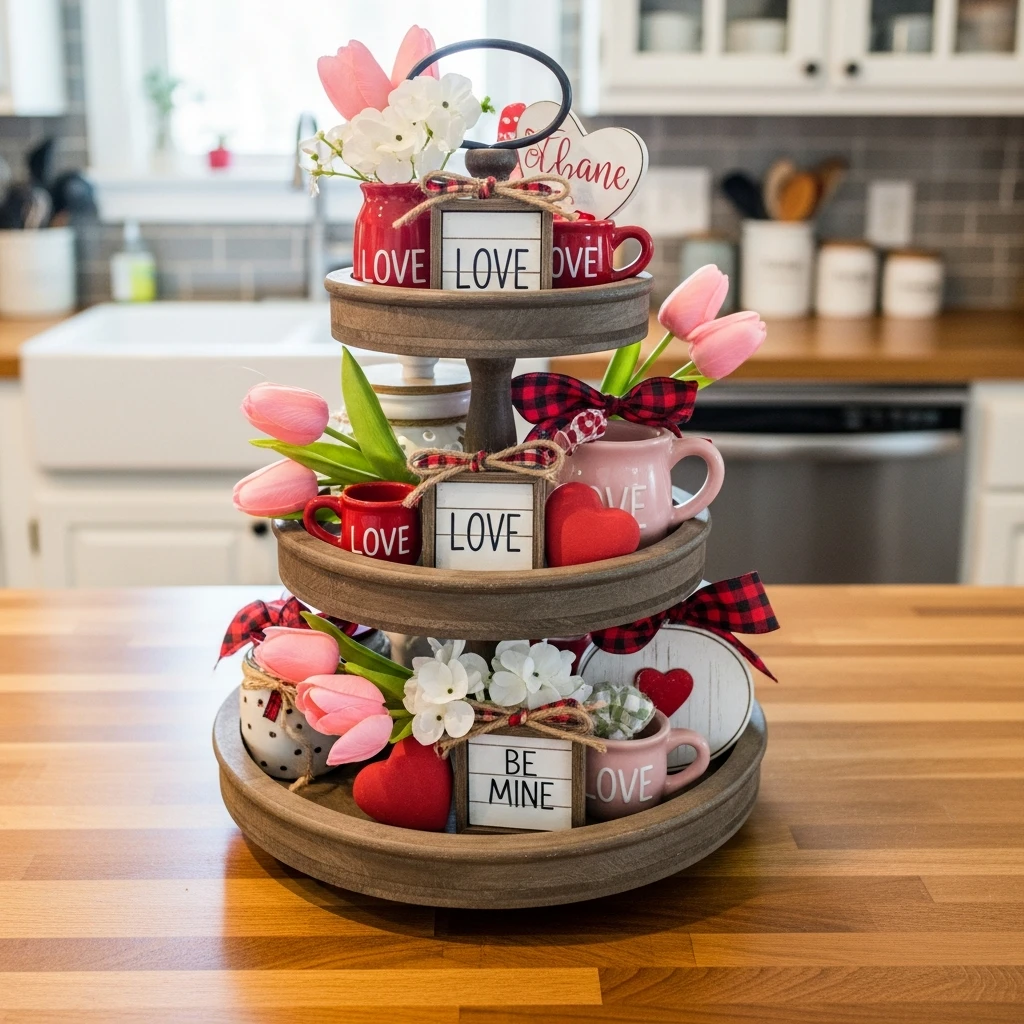 Tiered Tray Kitchen Display - 50 Budget-Friendly & Beautiful Valentines Day Decorations for a Cozy Home