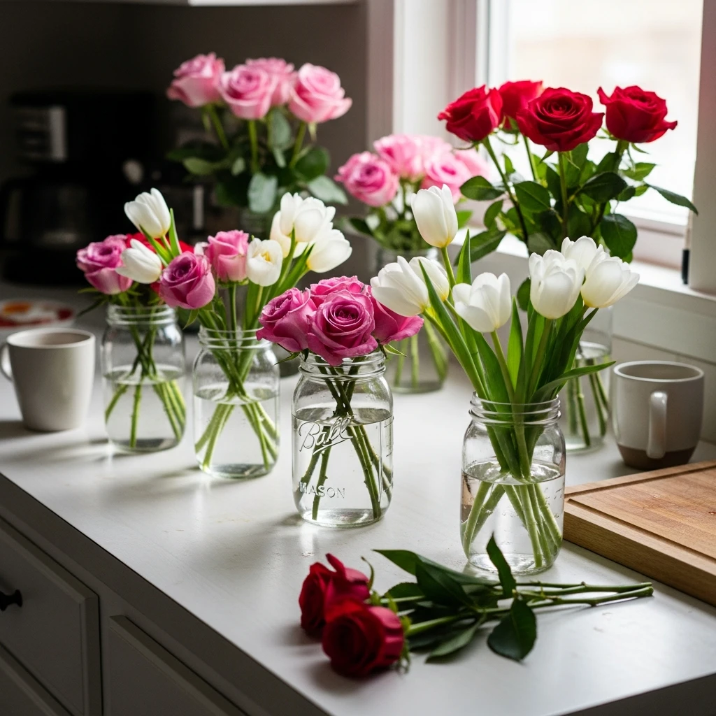Fresh Floral Counter Jars - 50 Budget-Friendly & Beautiful Valentines Day Decorations for a Cozy Home