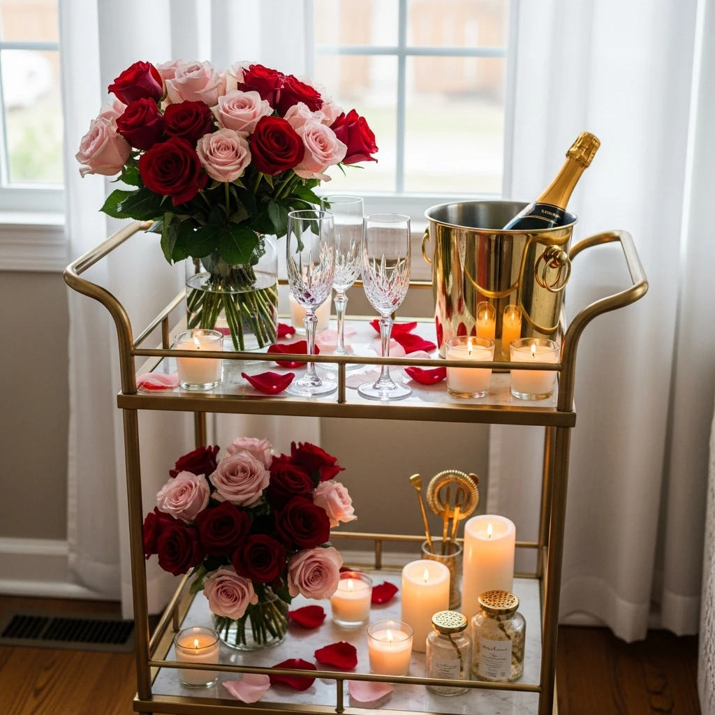 Romantic Bar Cart - 50 Budget-Friendly & Beautiful Valentines Day Decorations for a Cozy Home