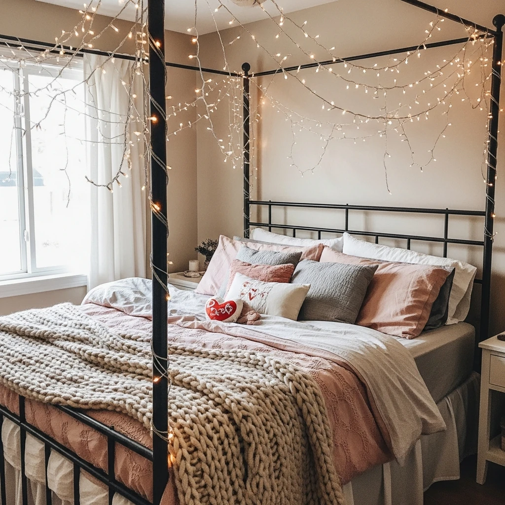 Dreamy Bed Lights - 50 Budget-Friendly & Beautiful Valentines Day Decorations for a Cozy Home