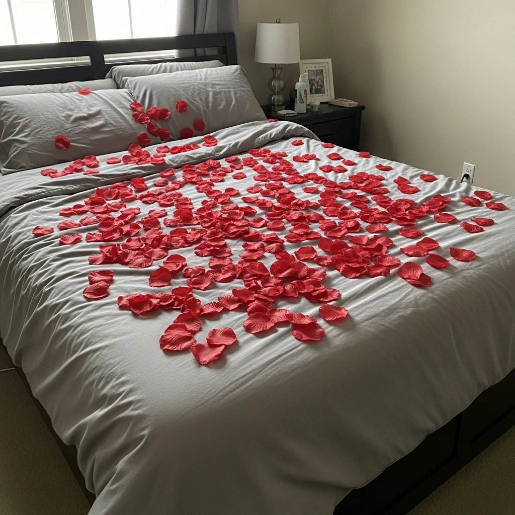 Faux Petals on Bed - 50 Budget-Friendly & Beautiful Valentines Day Decorations for a Cozy Home