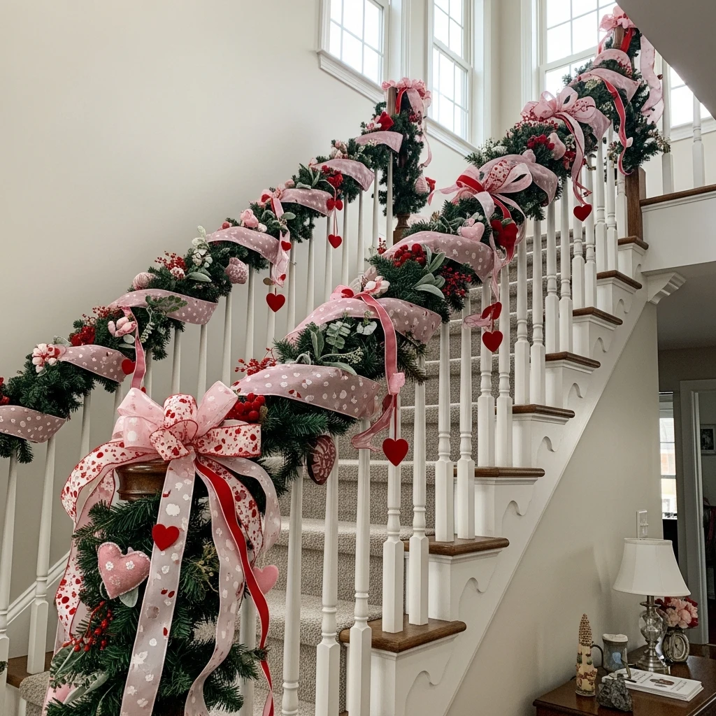 Festive Stair Railing - 50 Budget-Friendly & Beautiful Valentines Day Decorations for a Cozy Home