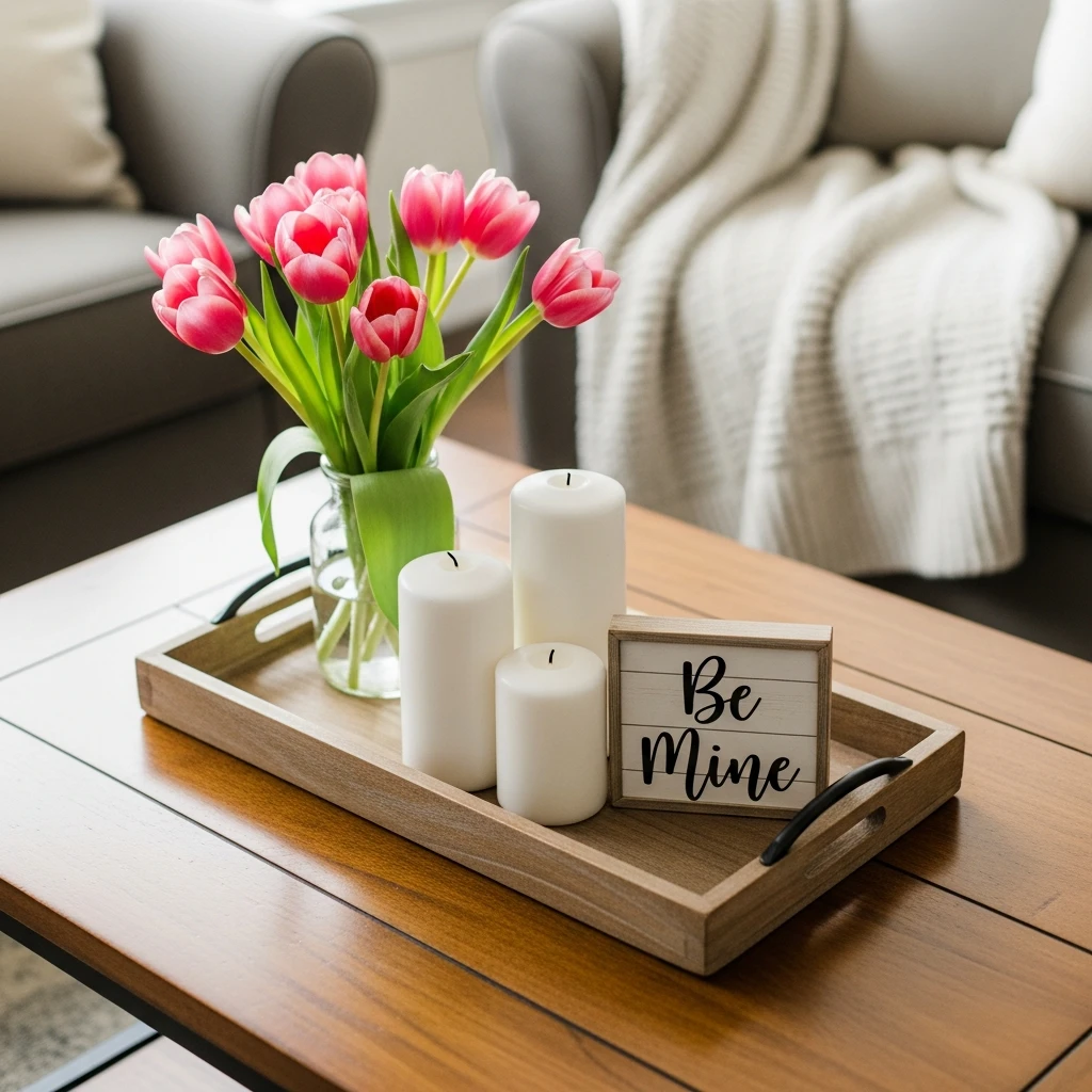 Styled Coffee Table Tray - 50 Budget-Friendly & Beautiful Valentines Day Decorations for a Cozy Home