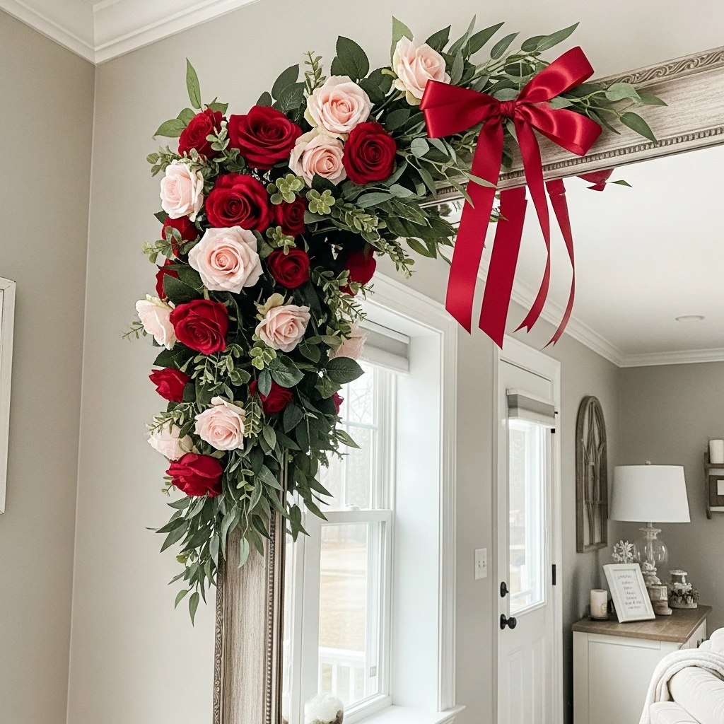 Fresh Floral Mirror Swag - 50 Simple & Cozy Valentines Day Wall Decor Ideas for a Beautiful Home
