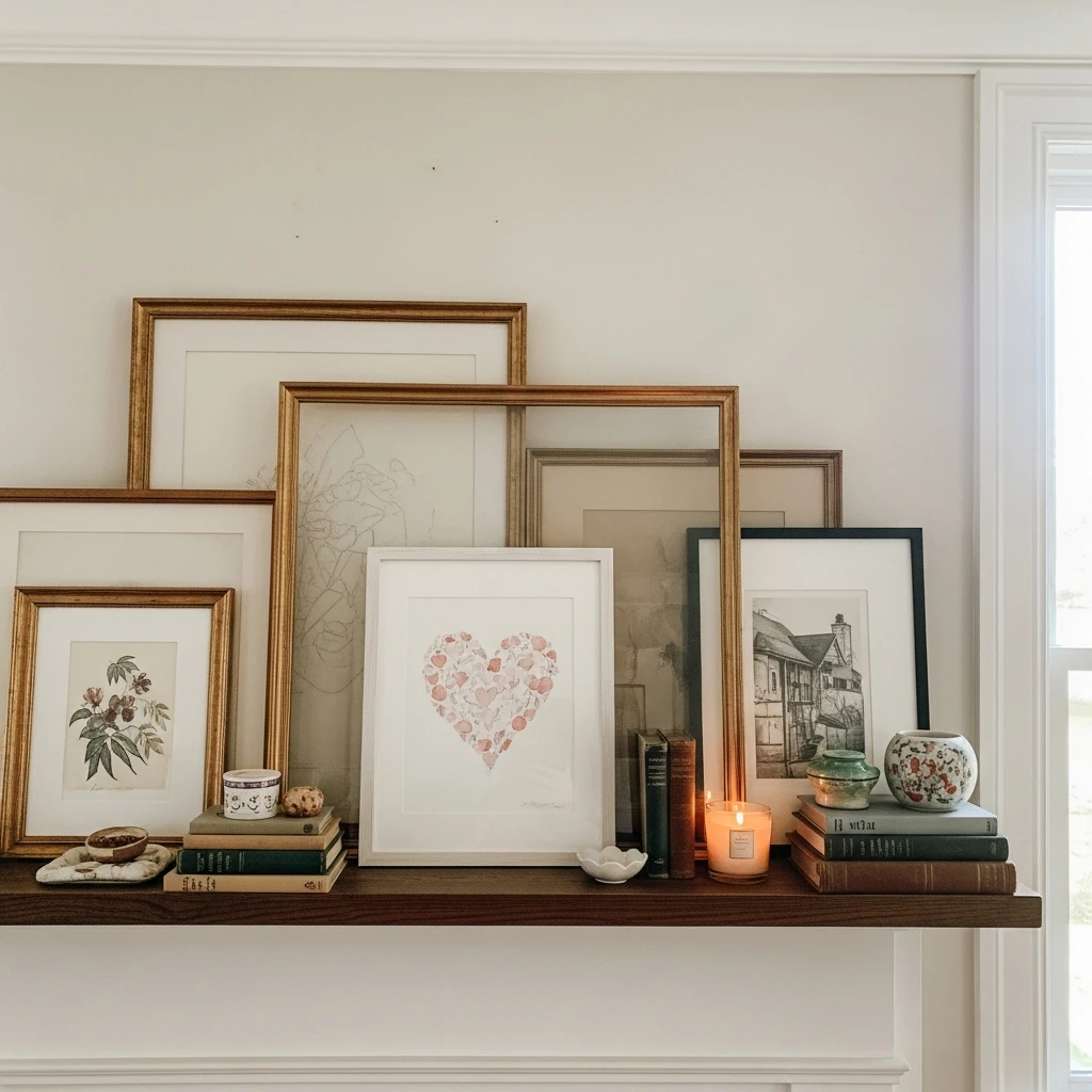 Cozy Layered Mantel Wall - 50 Simple & Cozy Valentines Day Wall Decor Ideas for a Beautiful Home