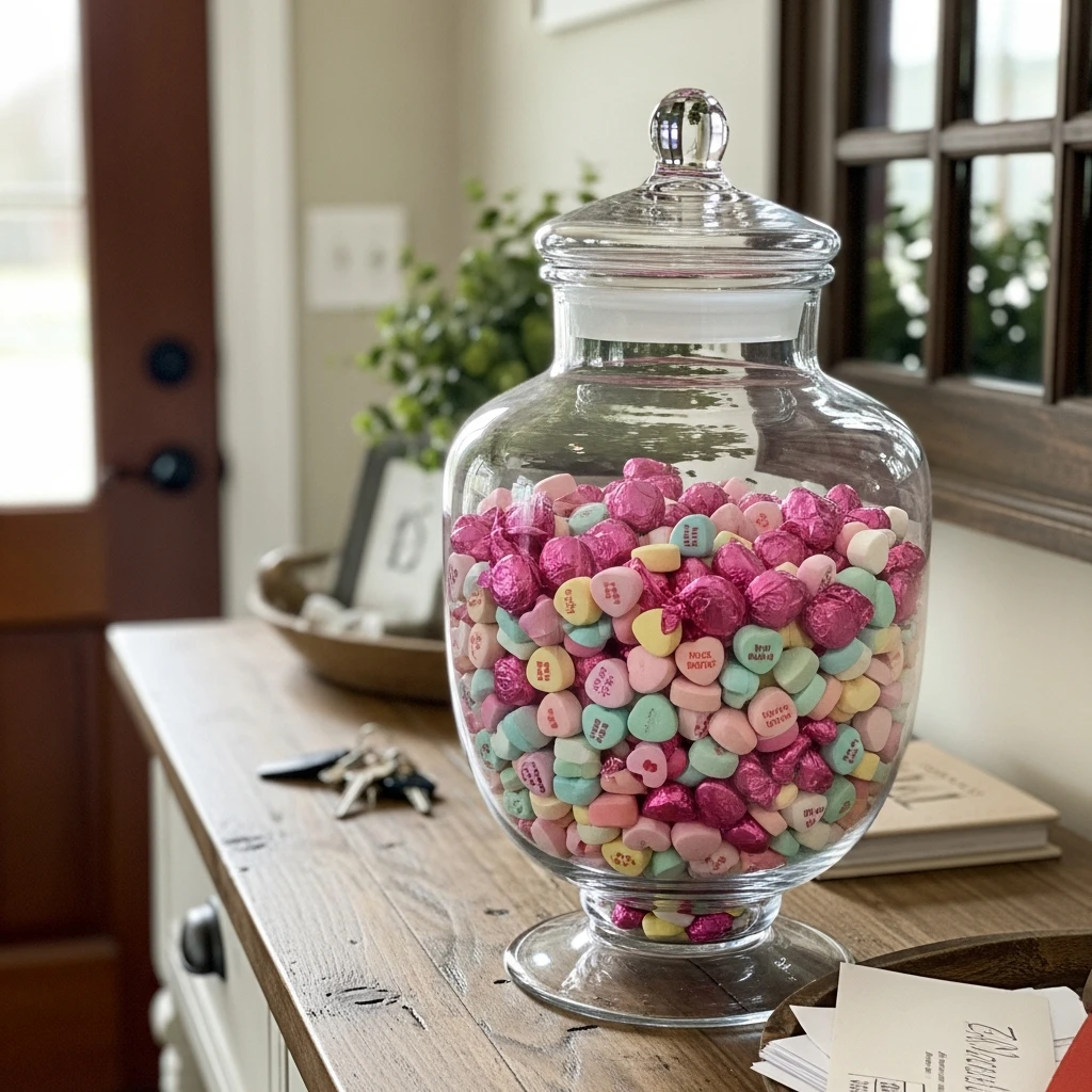 Conversation Heart Jar - 50 Beautiful & Budget-Friendly Valentine's Kitchen Decor Ideas