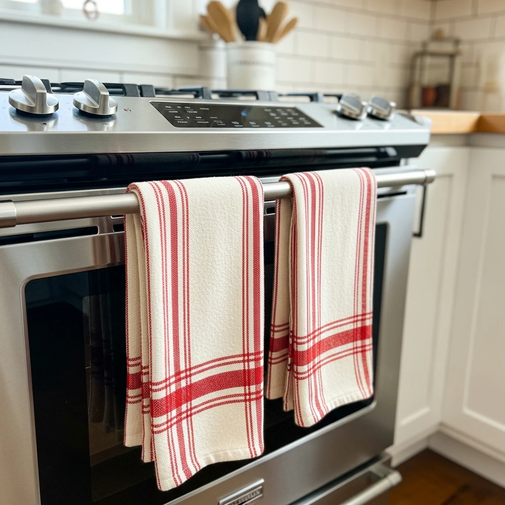 Striped Towels on Oven - 50 Beautiful & Budget-Friendly Valentine's Kitchen Decor Ideas