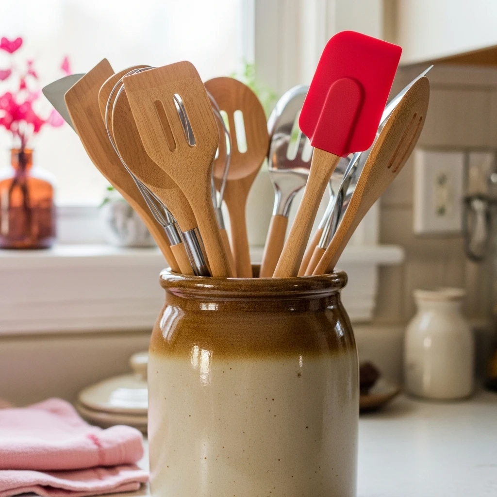 Utensil Crock Accent - 50 Beautiful & Budget-Friendly Valentine's Kitchen Decor Ideas