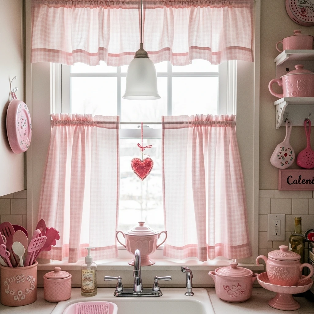 Gingham Café Curtains - 50 Beautiful & Budget-Friendly Valentine's Kitchen Decor Ideas