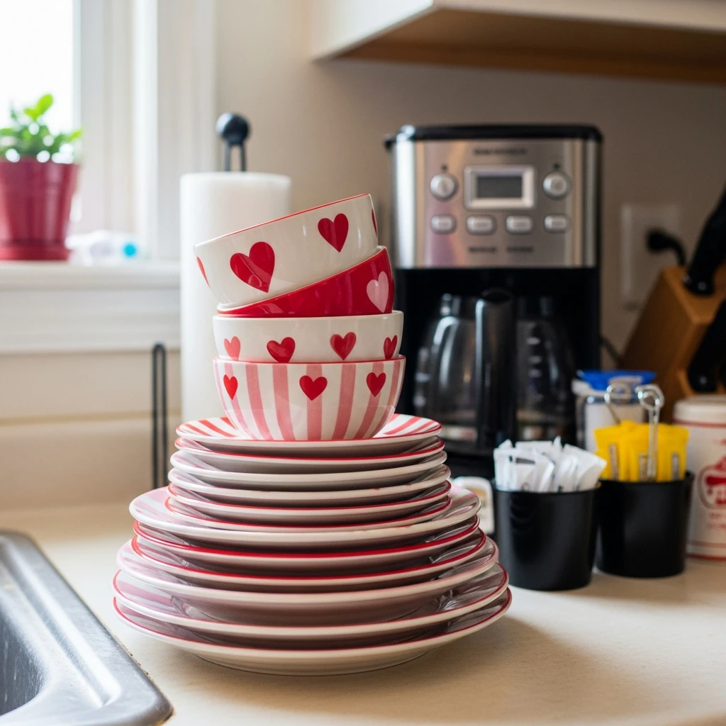 Themed Dish Stack - 50 Beautiful & Budget-Friendly Valentine's Kitchen Decor Ideas