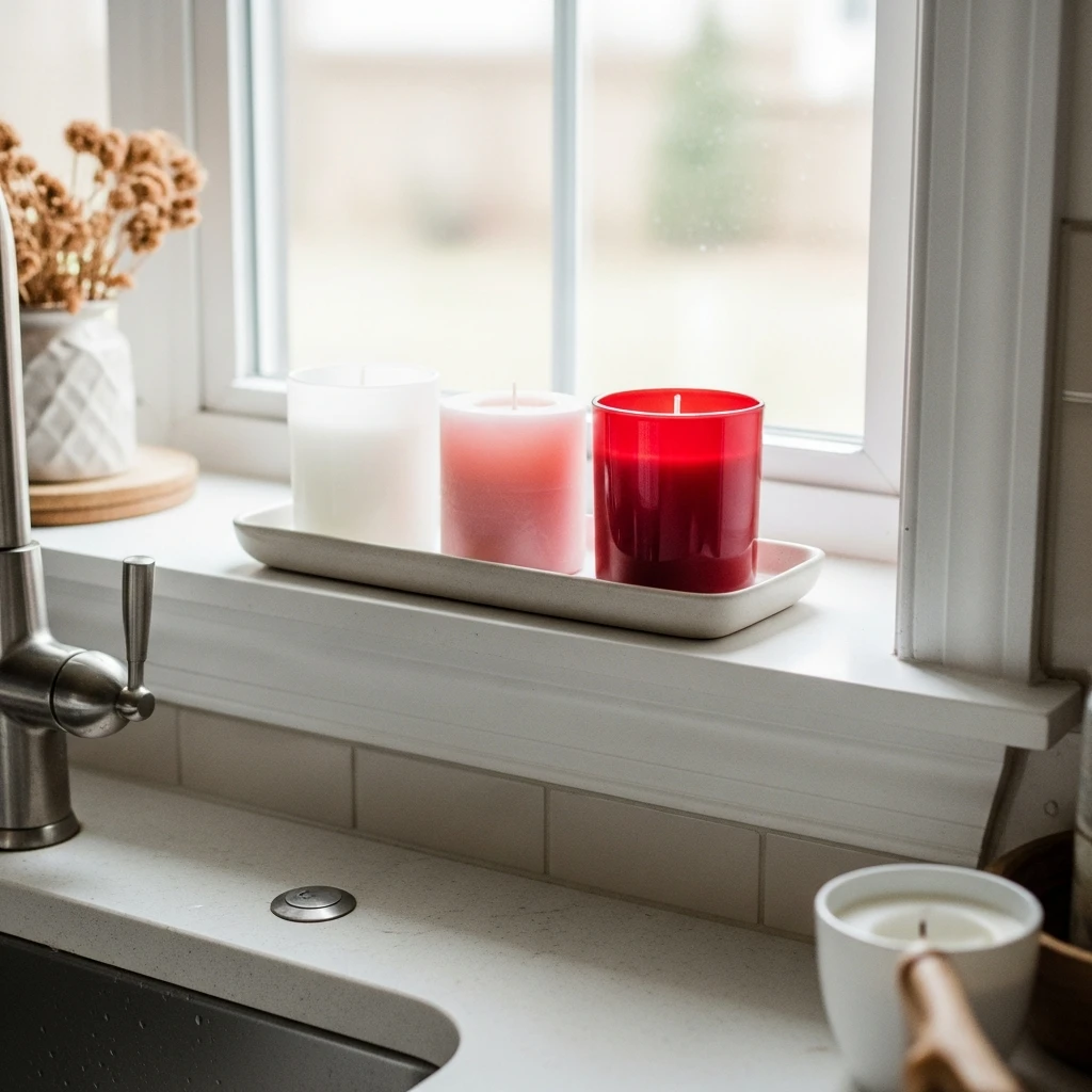 Sinkside Candle Trio - 50 Beautiful & Budget-Friendly Valentine's Kitchen Decor Ideas