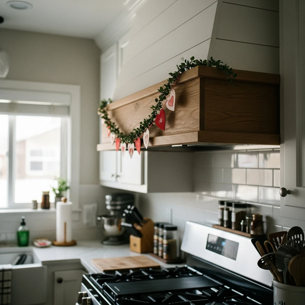 Hood Garland Accent - 50 Beautiful & Budget-Friendly Valentine's Kitchen Decor Ideas