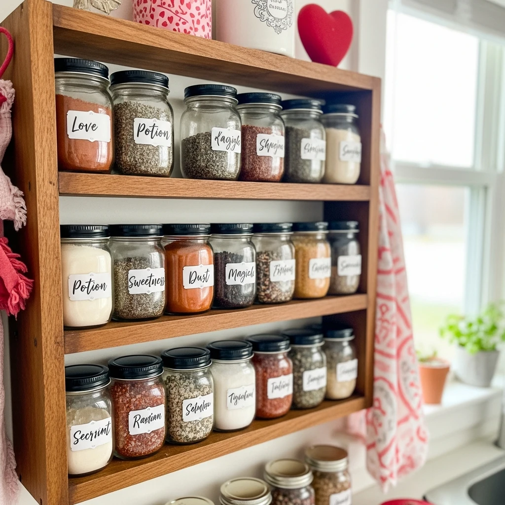 Label Your Love Potion Jars - 50 Beautiful & Budget-Friendly Valentine's Kitchen Decor Ideas
