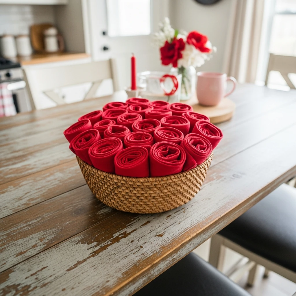 Napkin Basket Display - 50 Beautiful & Budget-Friendly Valentine's Kitchen Decor Ideas