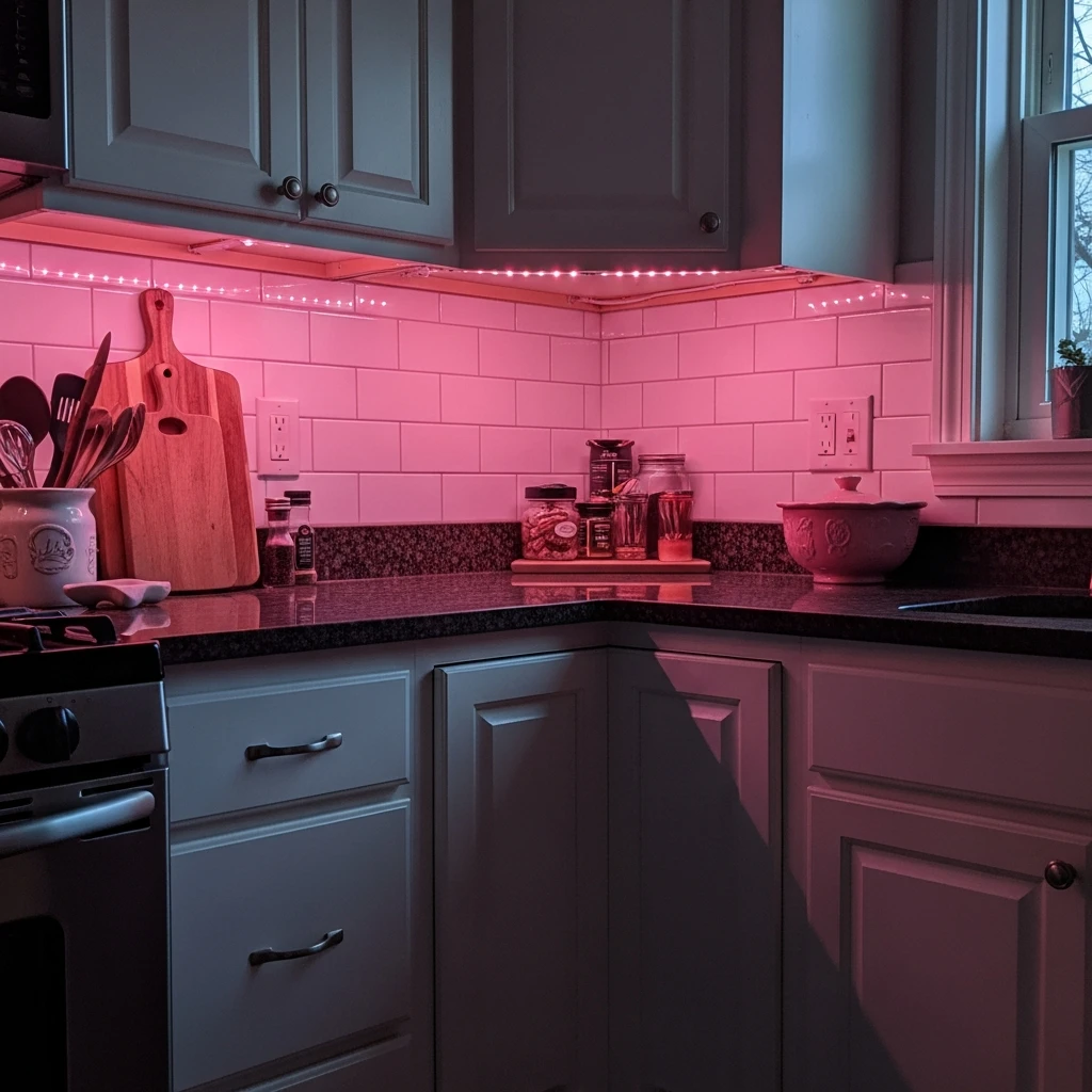 Pink Under Cabinet Lighting - 50 Beautiful & Budget-Friendly Valentine's Kitchen Decor Ideas