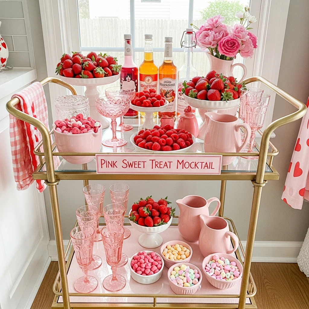 Pink Bar Cart Station - 50 Beautiful & Budget-Friendly Valentine's Kitchen Decor Ideas