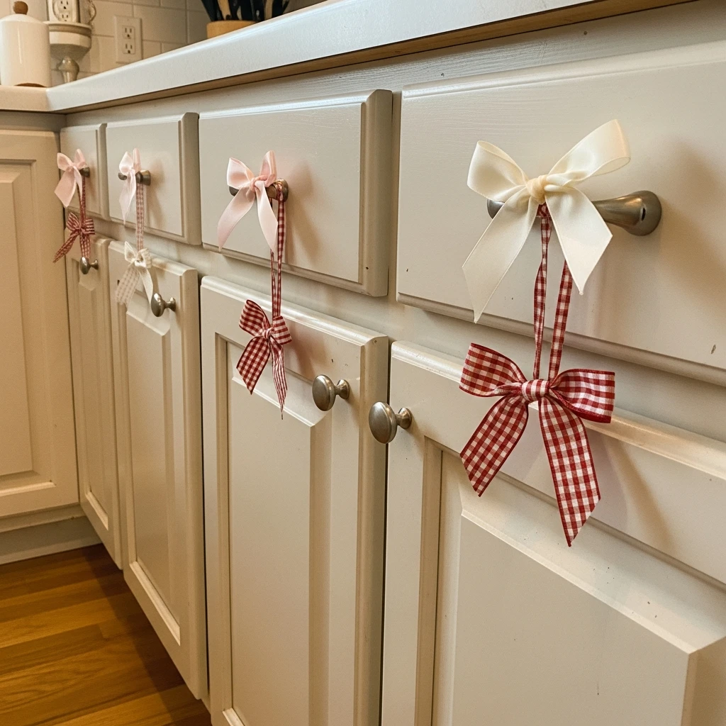 Ribbon on Cabinet Knobs - 50 Beautiful & Budget-Friendly Valentine's Kitchen Decor Ideas