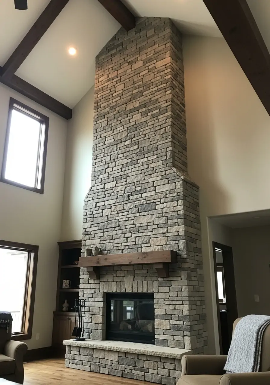 Stone Fireplace Peak - 50 Vaulted Ceiling Living Room Ideas