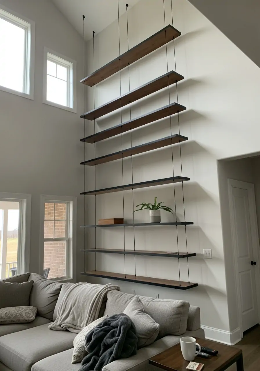 Multi-Level Hanging Shelves - 50 Vaulted Ceiling Living Room Ideas