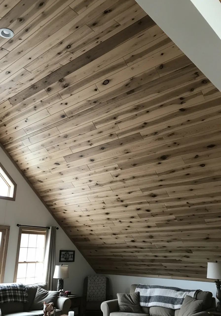 Warm Wood Plank Ceiling - 50 Half Vaulted Ceiling Living Room Ideas That Look Amazing