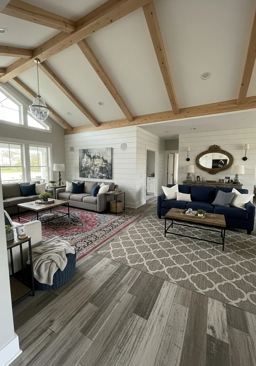 Patterned Farmhouse Rugs - 50 Half Vaulted Ceiling Living Room Ideas That Look Amazing