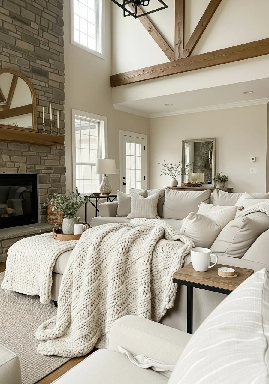 Layered Textural Decor - 50 Half Vaulted Ceiling Living Room Ideas That Look Amazing