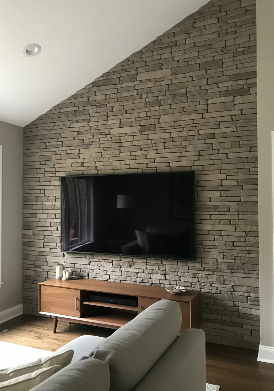 Textured TV Wall Tile - 50 Half Vaulted Ceiling Living Room Ideas That Look Amazing