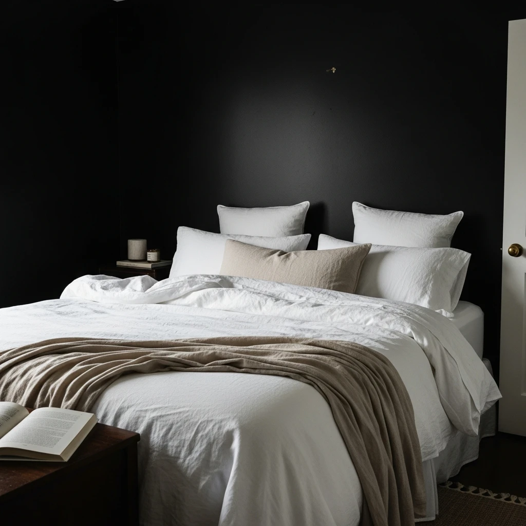 Black Walls & Cream Linens - 50 Cozy Moody Romantic Bedroom Ideas