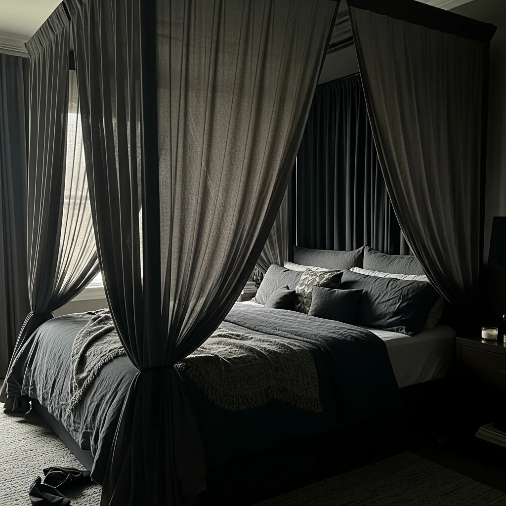Canopy Bed with Dark Drapes - 50 Cozy Moody Romantic Bedroom Ideas