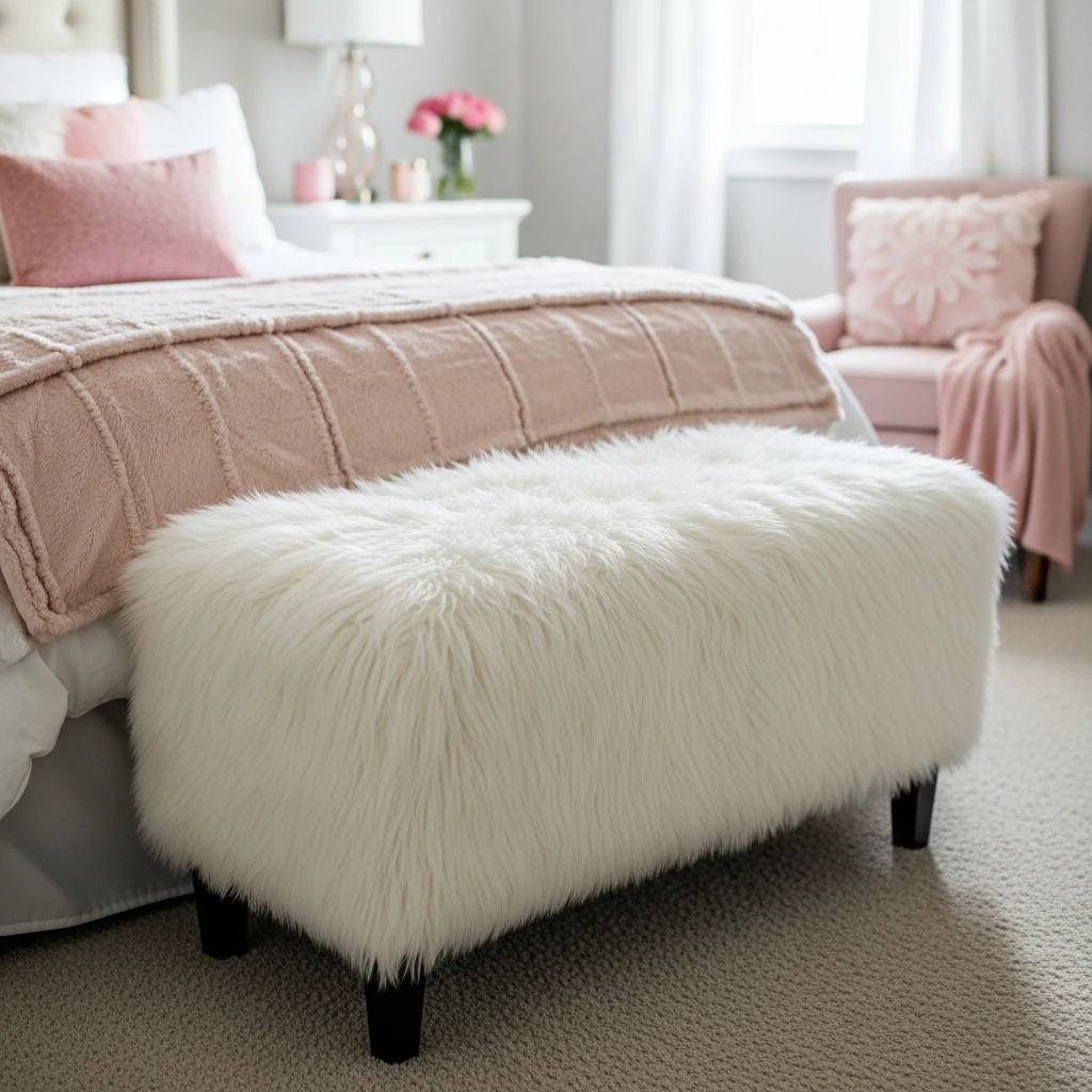 Faux Fur Bench Seating - 50 Simple, Budget-Friendly Ways to Create a Cozy, Romantic Bedroom