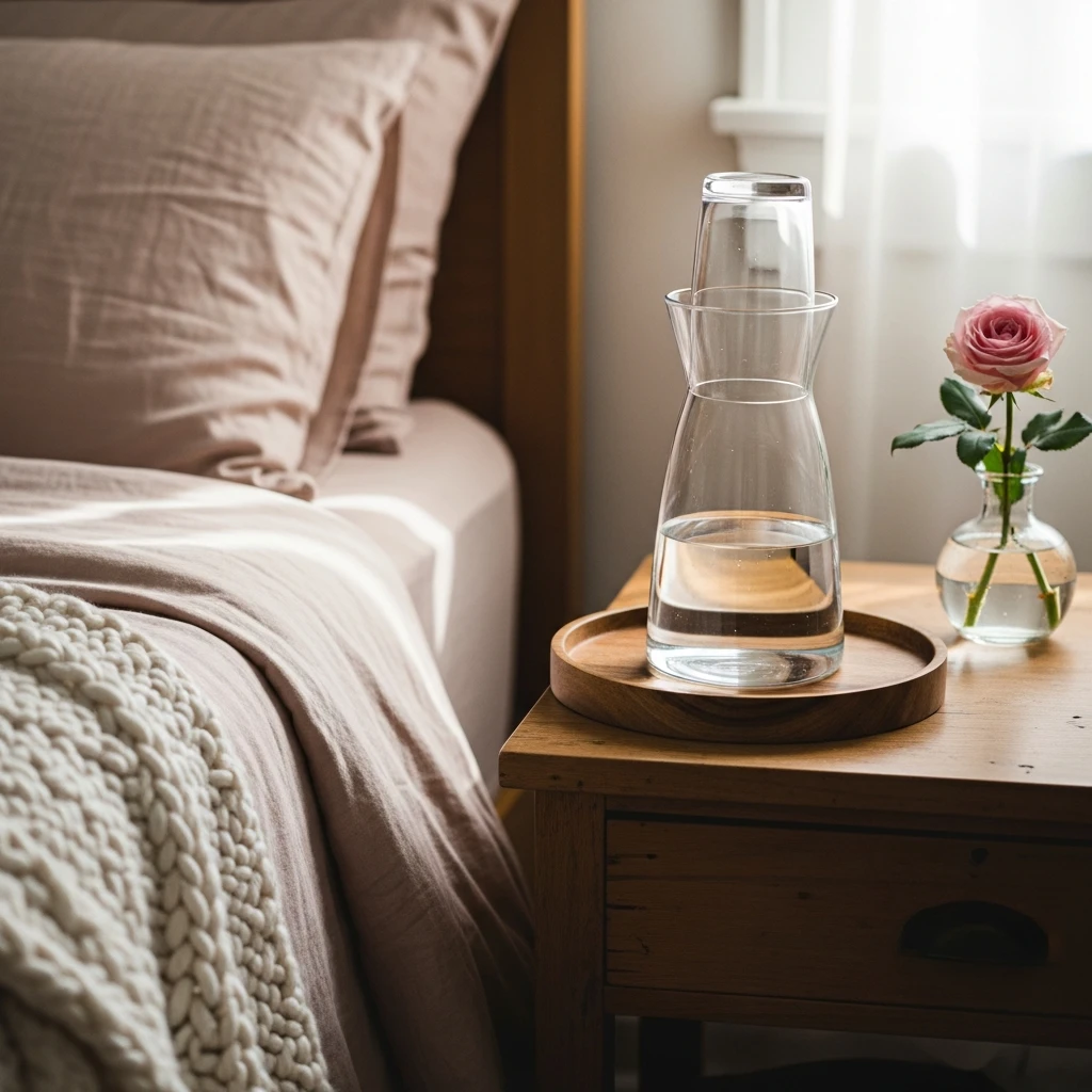 Bedside Carafe Setup - 50 Simple, Budget-Friendly Ways to Create a Cozy, Romantic Bedroom