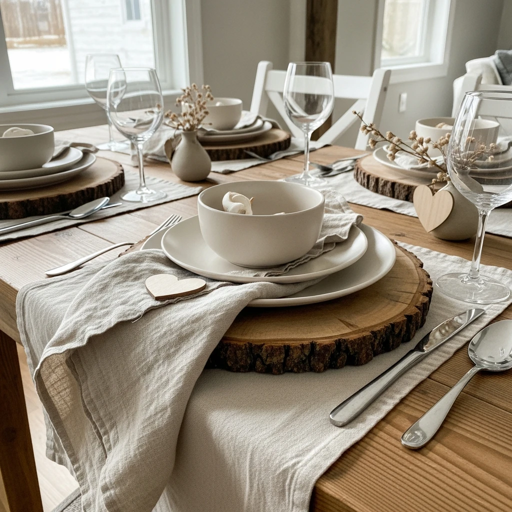 Rustic Wood and Linen - 50 Beautiful & Budget-Friendly Valentine's Day Table Setting Ideas