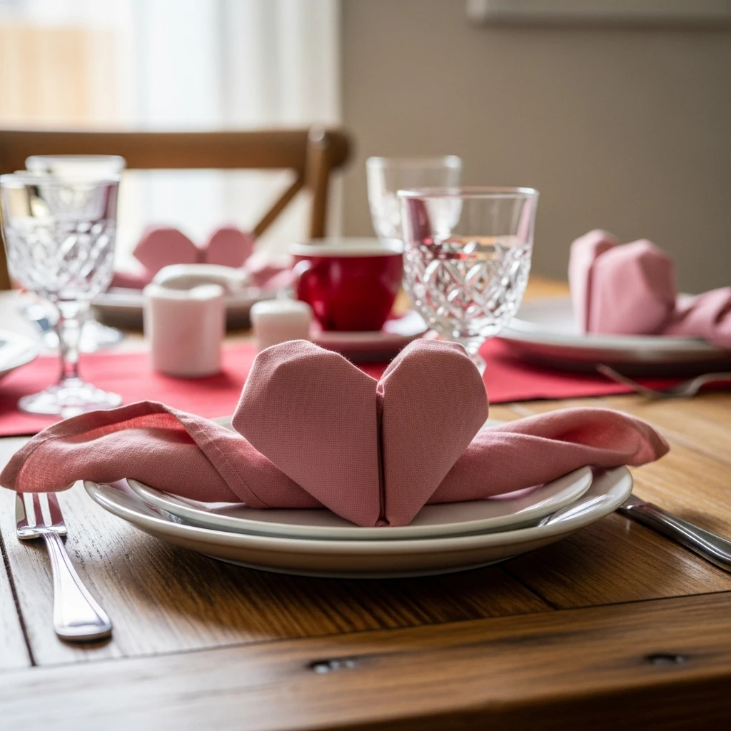 Heart Napkin Folds - 50 Beautiful & Budget-Friendly Valentine's Day Table Setting Ideas