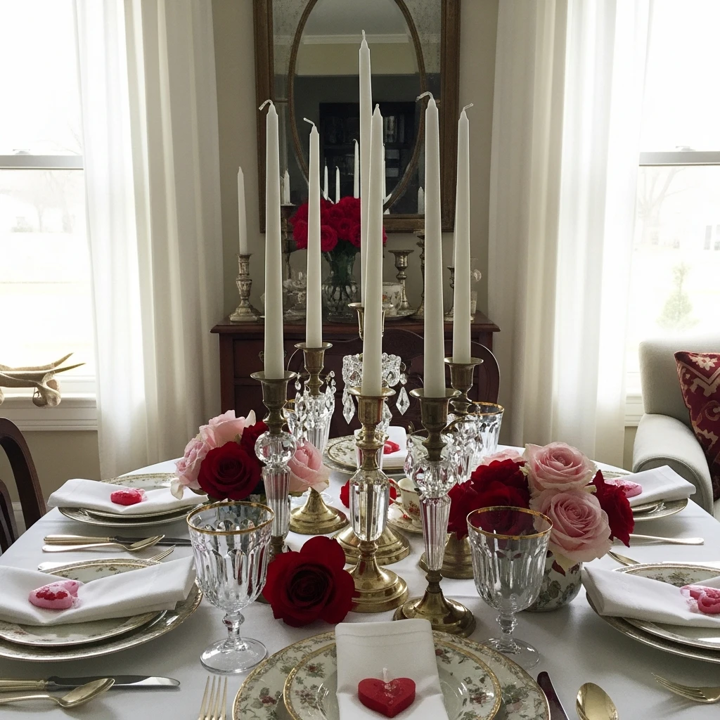 Tall Taper Candles - 50 Beautiful & Budget-Friendly Valentine's Day Table Setting Ideas