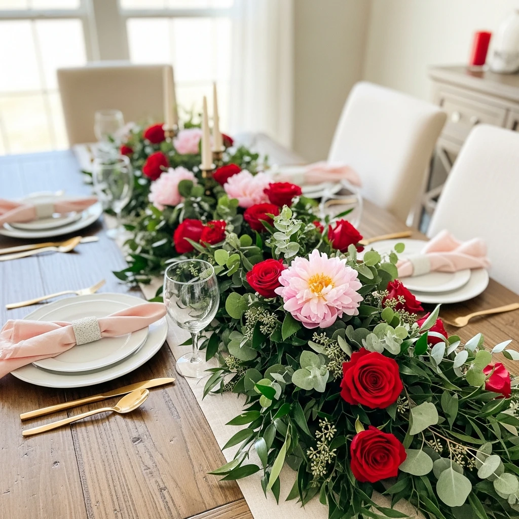 Floral Garland Centerpiece - 50 Beautiful & Budget-Friendly Valentine's Day Table Setting Ideas