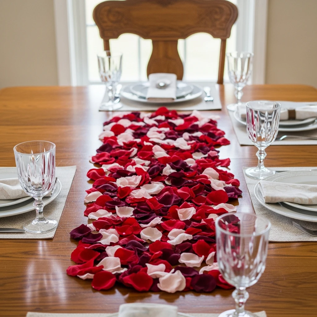 Rose Petal Table Runner - 50 Beautiful & Budget-Friendly Valentine's Day Table Setting Ideas