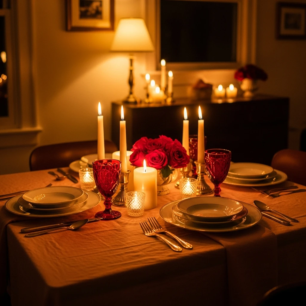 Intimate Candlelit Setup - 50 Beautiful & Budget-Friendly Valentine's Day Table Setting Ideas