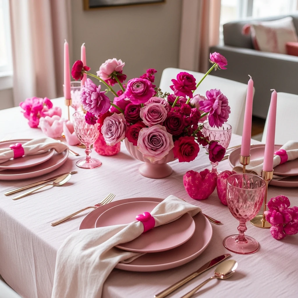 Trendy Monochrome Pink - 50 Beautiful & Budget-Friendly Valentine's Day Table Setting Ideas
