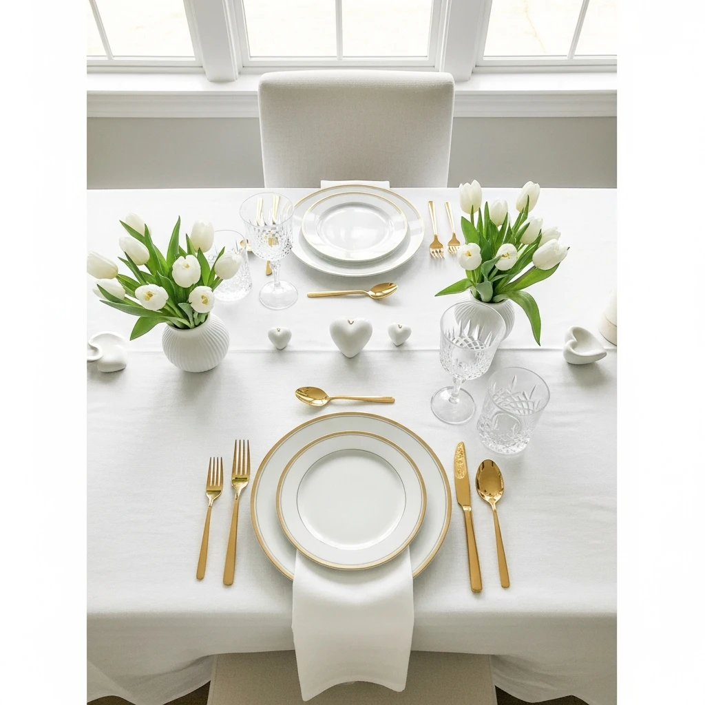 Clean White and Gold - 50 Beautiful & Budget-Friendly Valentine's Day Table Setting Ideas
