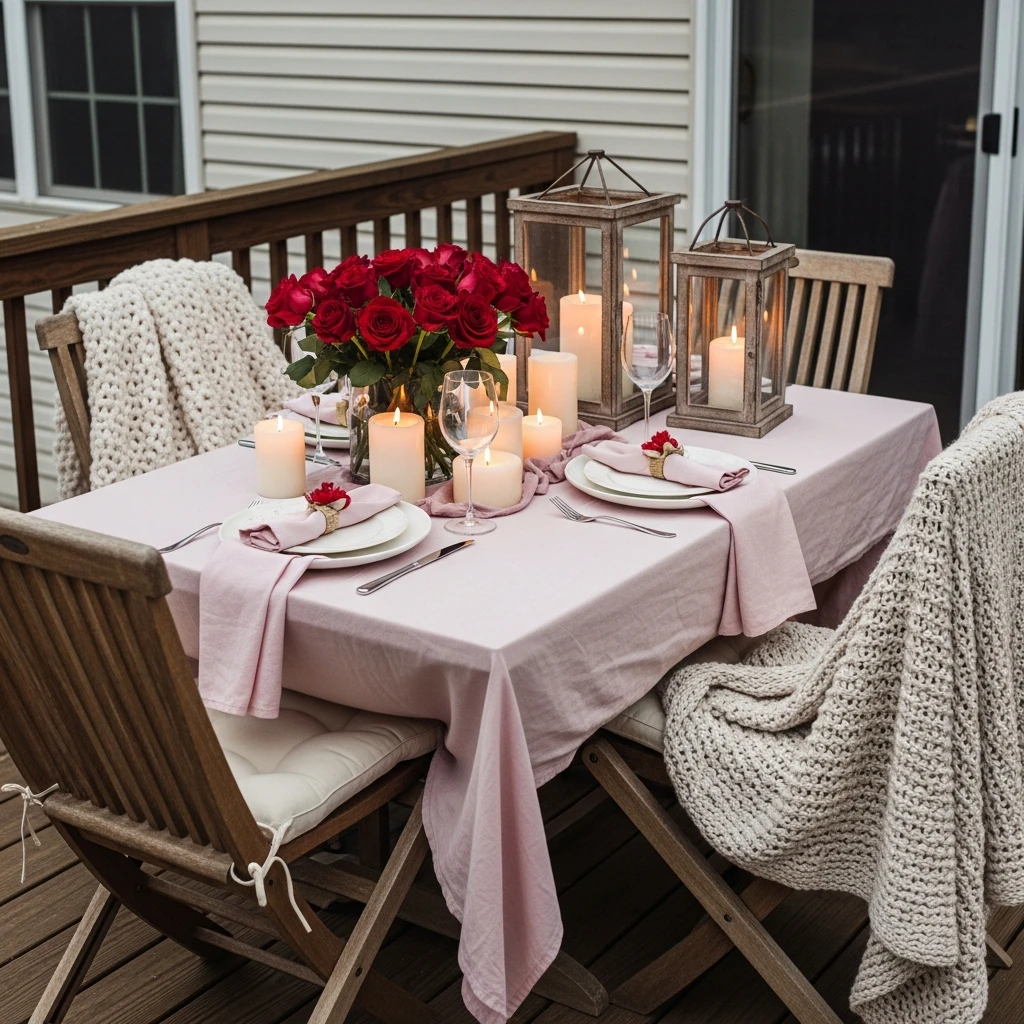 Cozy Outdoor Table - 50 Beautiful & Budget-Friendly Valentine's Day Table Setting Ideas