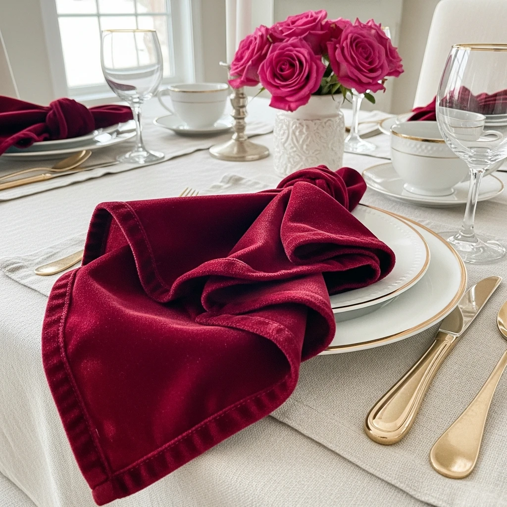Velvet Napkin Luxury - 50 Beautiful & Budget-Friendly Valentine's Day Table Setting Ideas