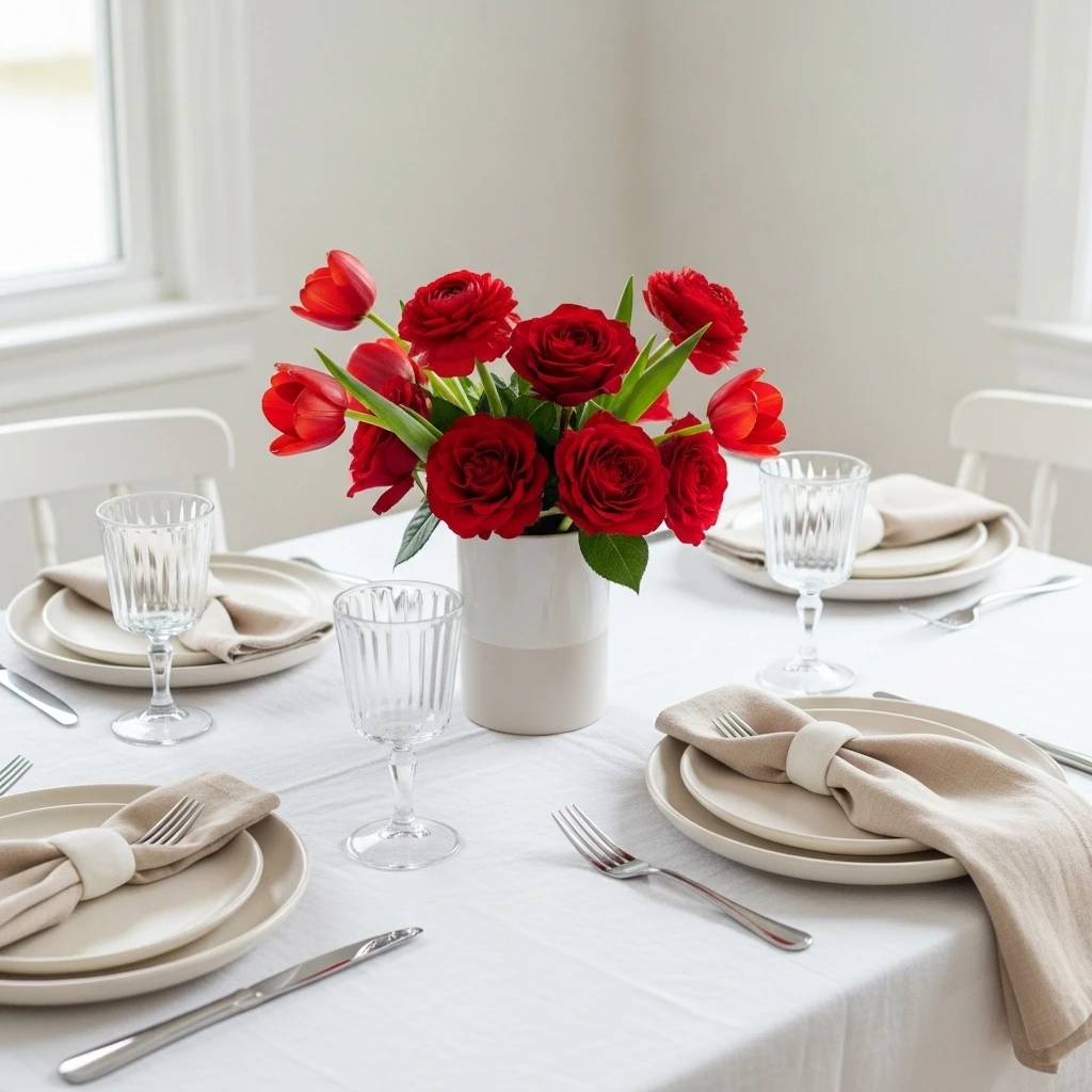 Neutral with Red Florals - 50 Beautiful & Budget-Friendly Valentine's Day Table Setting Ideas