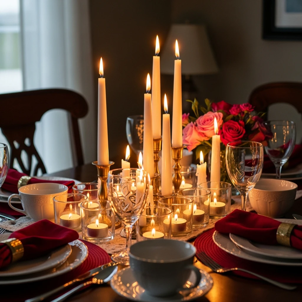 Tea Light and Taper Mix - 50 Beautiful & Budget-Friendly Valentine's Day Table Setting Ideas