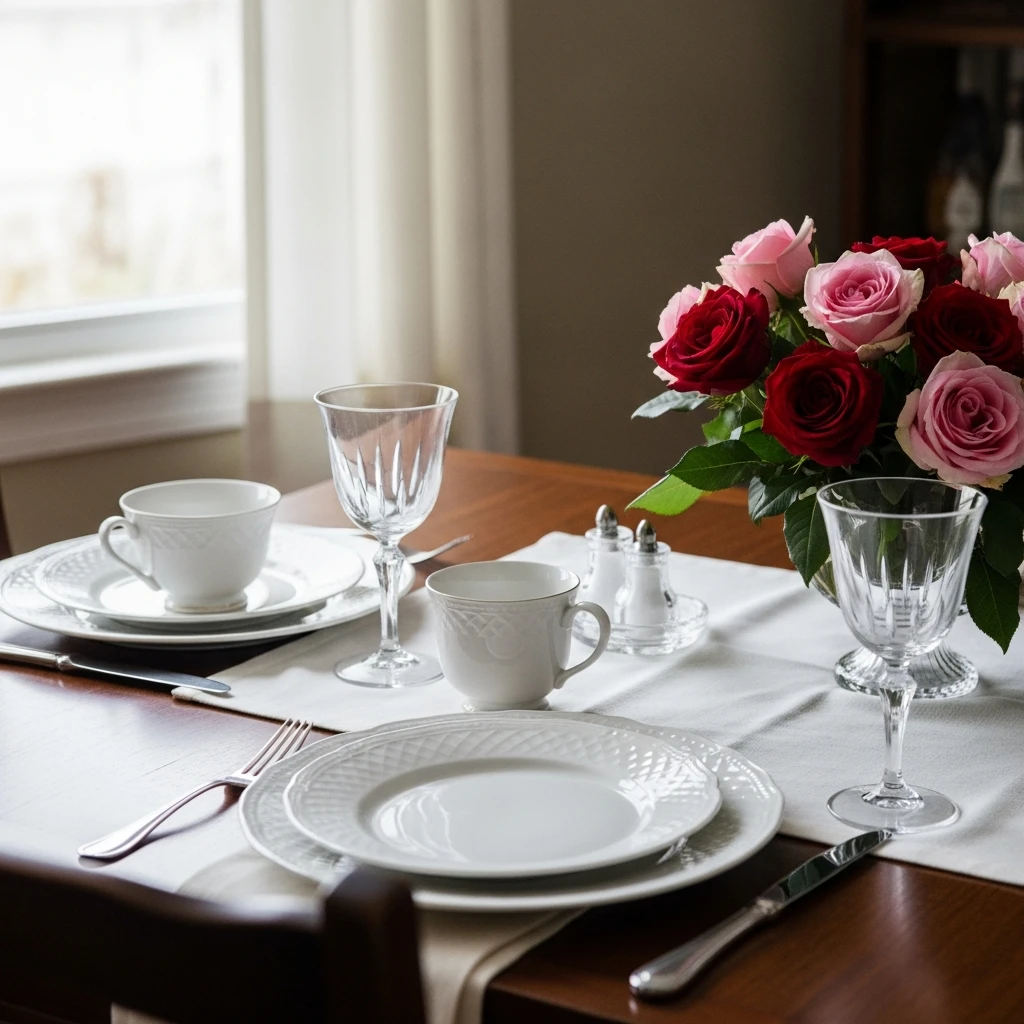 Simple White and Roses - 50 Beautiful & Budget-Friendly Valentine's Day Table Setting Ideas
