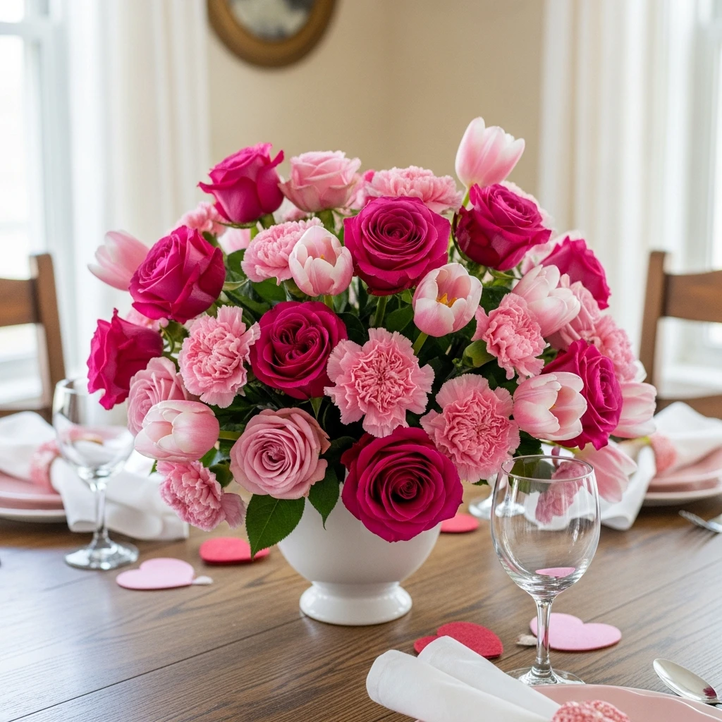 Mixed Pink Floral Centerpiece - 50 Beautiful & Budget-Friendly Valentine's Day Table Setting Ideas